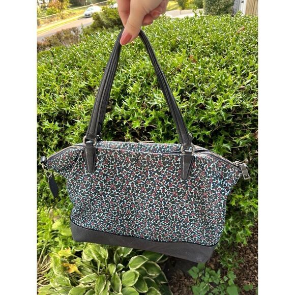 Coach Satchel in Ranch Floral Print Nylon and Navy Leather - Picture 2 of 6